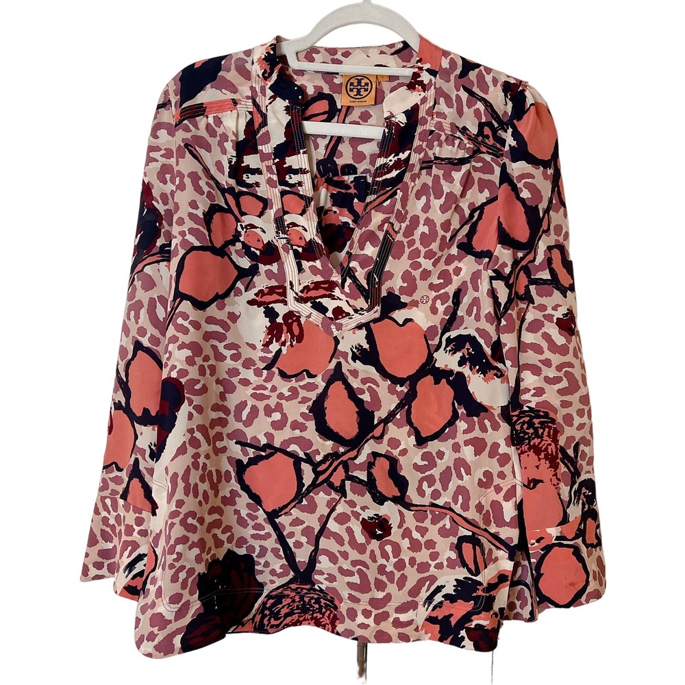 TORY BURCH 100% Silk Rose Leopard Floral Tunic Blouse | 4